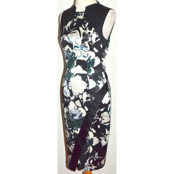 CUE BLACK IVORY & GREEN SATIN FLORAL PENCIL DRESS - Picture 2 of 3
